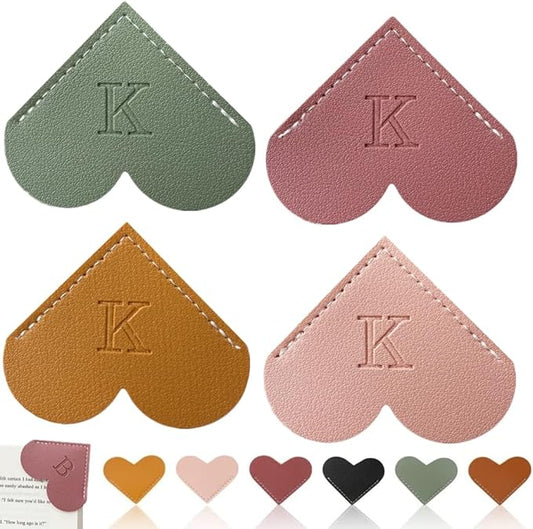 Personalized Leather Heart Bookmark, 26 Letters Customized Corner Book Mark for Reading Women, Book Marker with Initials，Cute Gifts (Light Pink+Deep Pink+Green+Light Brown, K)
