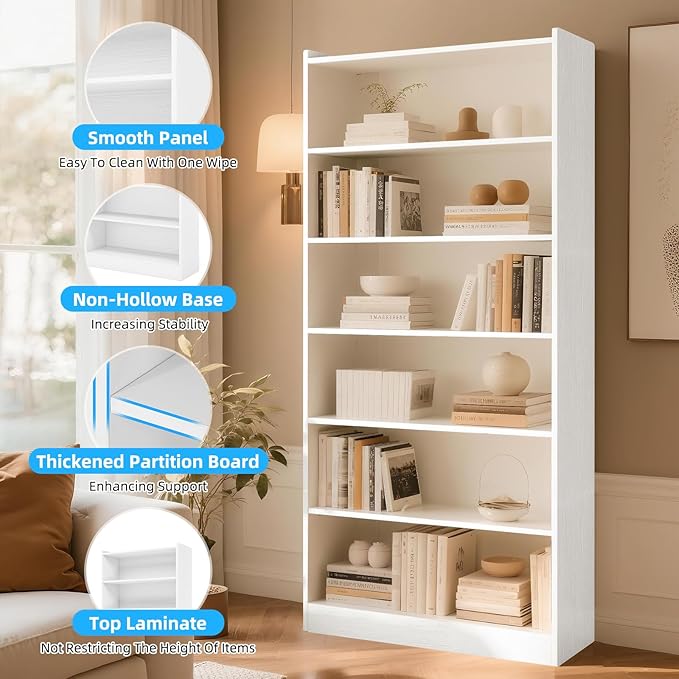 72" Rectangle Wooden Bookshelf with 6 Tier Bookshelf, Large Bookcase for Home Offices and Living Rooms with Storage Shelves, Display Shelves, White