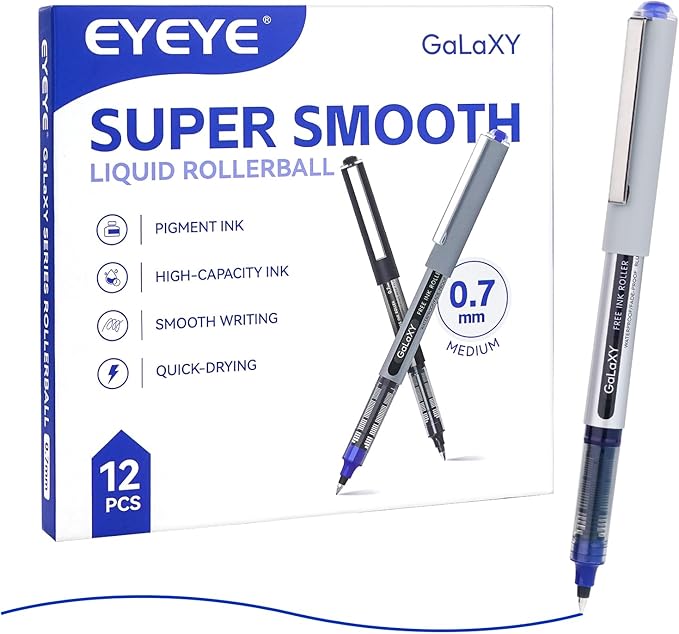 EYEYE Blue Rollerball Pens 12 Pack 0.7mm Medium Point Fine Tip Smooth Writing Pens Quick Dry Liquid Ink Pens for Journaling Note Taking Office School Supplies