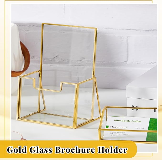 4 Pcs Glass Display Stand Set 2 Gold Glass Brochure Holder Stand 2 Gold Business Card Holder for Office Desktop Countertop Name Card Magazine Literature Journal(8.5 x 11'')
