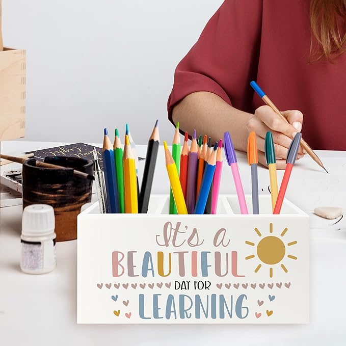 Boho Classroom Pen Pencil Holder Organizer for Desk, It's a Beautiful Day for Learning Wooden Box Signs Decorations for Home Office Desk Tabletop, Boho Classroom Decor