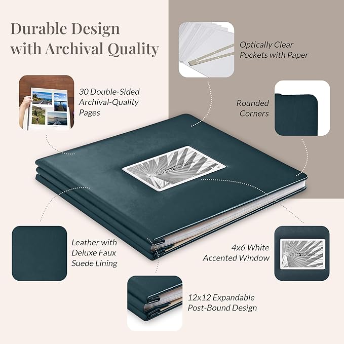 Old Town Bonded Leather Photo Album, Large Leather Scrapbook, Expandable Scrapbook Album 12x12 Double-Sided White Paper Pages and Optically Clear Pockets, Faux Suede Lining, Navy