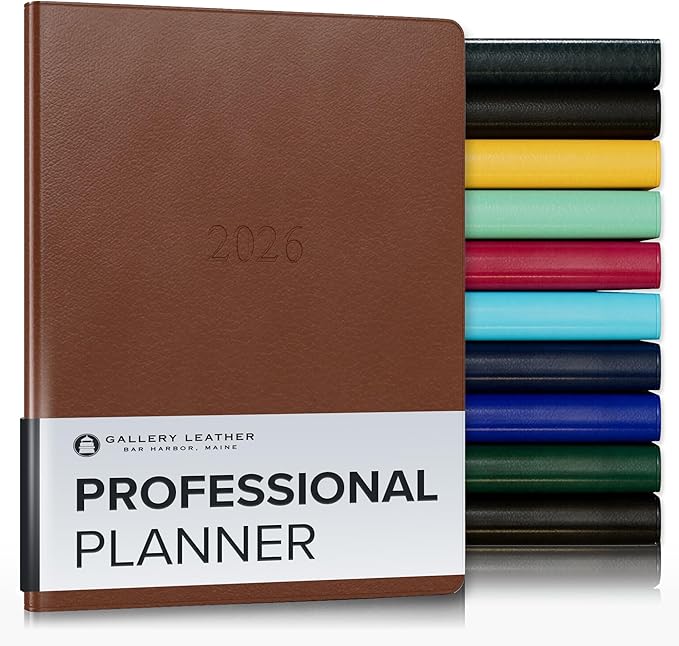 Gallery Leather Professional Weekly Monthly Planner 2026, Elegantly Bound Calendar Planner and Notebook with Stylish Gold-Gilded Page Edges, 12 Months - Monhegan Saddle - 9 x 7 "