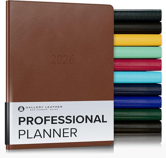 Gallery Leather Professional Weekly Monthly Planner 2026, Elegantly Bound Calendar Planner and Notebook with Stylish Gold-Gilded Page Edges, 12 Months - Monhegan Saddle - 9 x 7 "