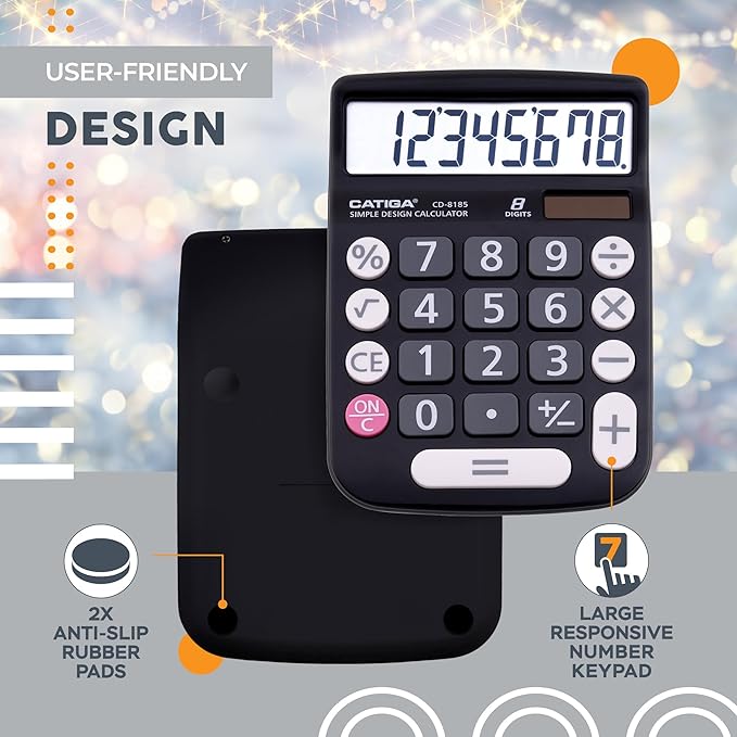 CATIGA Desktop Calculator 8 Digit with Solar Power and Easy to Read LCD Display, Big Buttons, for Home, Office, School, Class and Business, 4 Function Small Basic Calculators for Desk, CD-8185 Black
