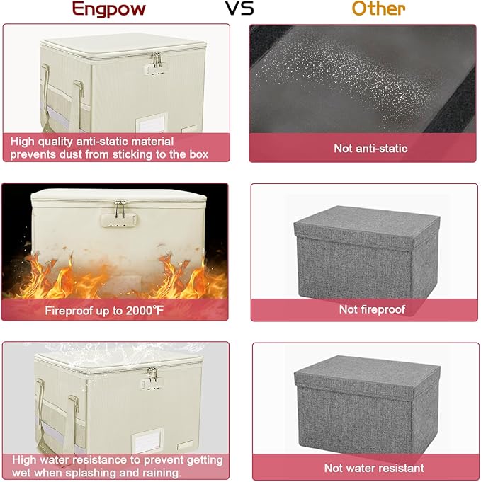 ENGPOW File Box with Lock,Fireproof Document Box with Zipper Lid,Collapsible File Storage Organizer Filing Cabinet with Handles,Portable Home Office Safe for Hanging Letter/Legal Folders,Beige,2 Pack