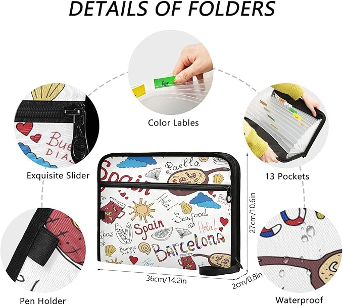 Cute Barcelona Sketch 13 Pockets File Folders Expanding File Folder with Sticky Labels Accordion File Folder with Safe Zipper Document Organizer for Letter A4 Size Paper,Document