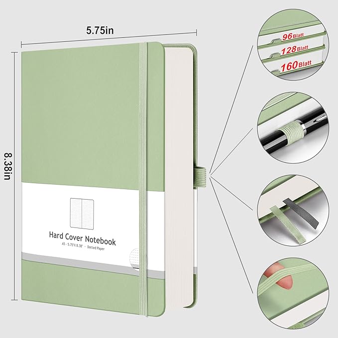 AHGXG Bullet Dotted Journal - 320 Numbered Pages Dot Grid Notebook A5 Thick Journal, 100gsm Thick Dotted Paper, Leather Hardcover,Inner Pocket, 5.75'' × 8.38''-LightGreen