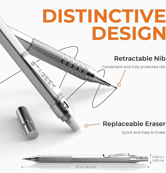 35Pcs Art Mechanical Pencil Set with Case, 0.5 0.7 0.9 2.0 Graphite Metal Drawing Drafting Pencils, Sharpener Erasers 384PCS Lead Refills (6B 4B 2B HB 2H 4H Colors)Pencils for Writing Sketching,Silver