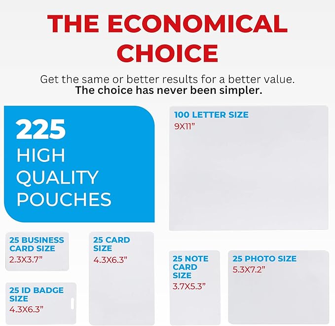 5MIL Thermal Laminating Sheets (225 Count) Letter, Photo, Card, Notecard, ID Badge and Business Card Sizes, Laminating Pouches, Compatible with Laminators, Crystal Clear Laminated Finish