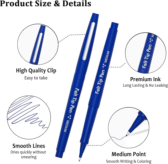 Lelix Felt Tip Pens - 60 Blue Pens, 0.7mm Medium Point, Perfect for Journaling, Writing, Note Taking, Planner, Art, Office & School Supplies