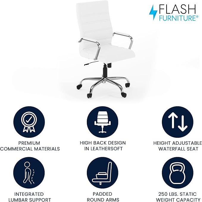 Flash Furniture Whitney High-Back Swivel LeatherSoft Desk Chair with Padded Seat and Armrests, Adjustable Height Padded Office Chair, White/Chrome