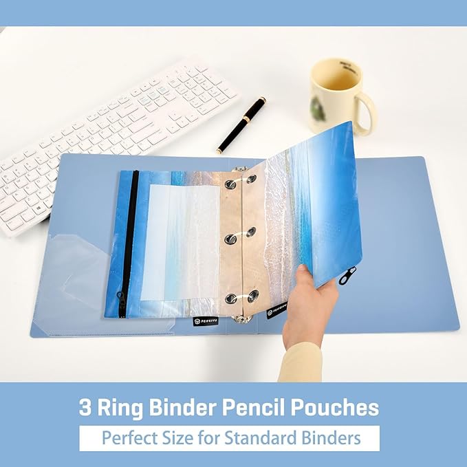 ALAZA Pencil Pouch for 3 Ring Binder, Beach and Tropical Ocean Binder Pencil Pouches with Clear Window Zipper Pencil Case Cosmetic Bags for Office College Supplies, 2PCS