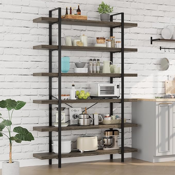 Bookcase, 47 Inch Wide Wood Bookshelf, 120lbs Shelf Capacity, Rustic Open Shelving Industrial Display with Reinforced Horizontal Shelves for Living Room Bedroom Office (6 Tier - Grey) 2 Set