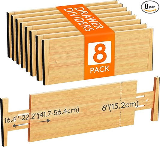 Lifewit 8 Pack Drawer Dividers Bamboo 6" High, 16-22" Adjustable Clothes Drawer Organizers, Expandable Dresser Separators in Bedroom/Bathroom/Kitchen/Office Organization and Storage