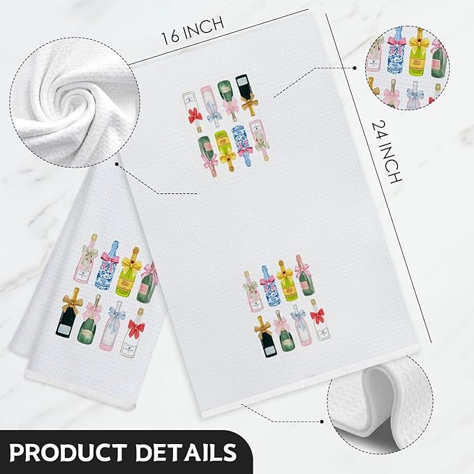 Bar Kitchen Towels, Bartender Gifts Dish Tea Bar Towels for Kitchen Bartender Home Bar Cart Decor, Colorful Coquette Bow Champagne Decorative Hand Towels, 16x24 Inch