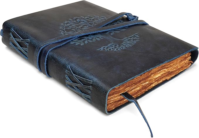 LUXEORIA Tree Of Life Leather Journal for Women and Men, Handcrafted Leather Journal for Writing Womens, Sketchbook, Travel Diary with Unlined Deckle Paper, Dark Blue 7x10
