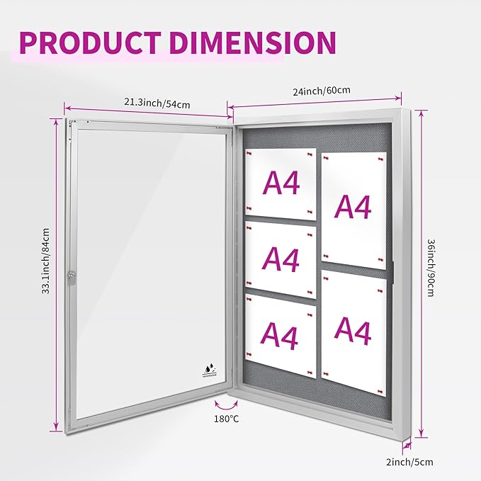Outdoor Weatherproof Enclosed Fabric Bulletin Board,Noticeboard Case with Lockable Glass Door,Silver Aluminum Frame, 36x24 Inch (5xA4)