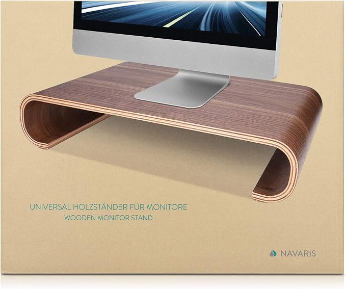 Navaris Wood Monitor Stand Riser - Computer Desk Organizer Desktop Dock Wooden Mount Display for PC TV Screen Notebook Laptop - Oak with Black Stain