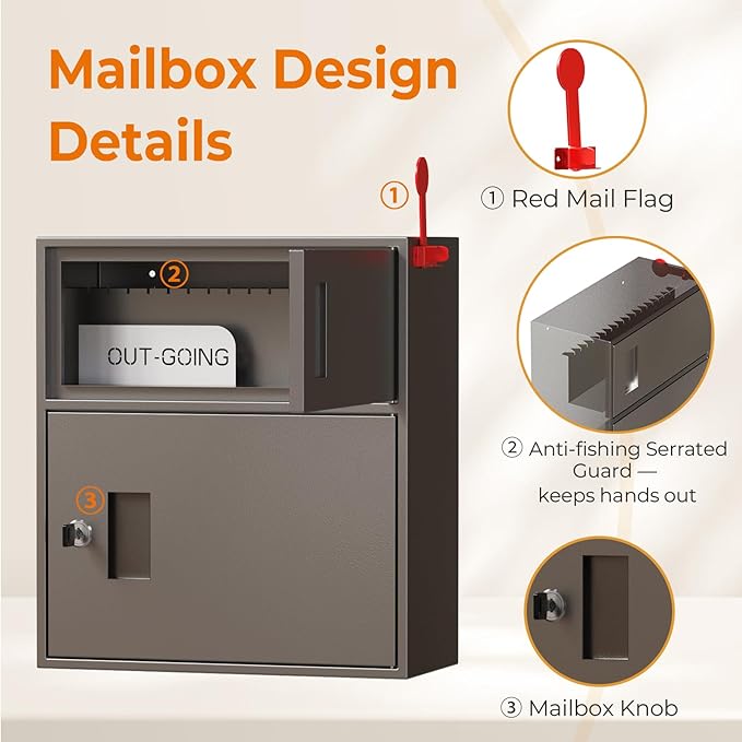 WeHere Wall-Mount Mailbox with Outgoing Flag, Large Secure Mail Box fot Outside, Galvanized Steel Rust-Proof Anti-thef Weatherproof Mailboxes for Office, Commercial, House Porch Front Door, Fence