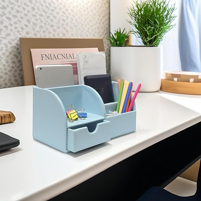 UnionBasic Desk Organizer - Multifunctional Leather Desktop Pen Holder Storage Box - Business Card/Pen/Pencil/Mobile Phone/Stationery Holder, Lychee Blue Revised