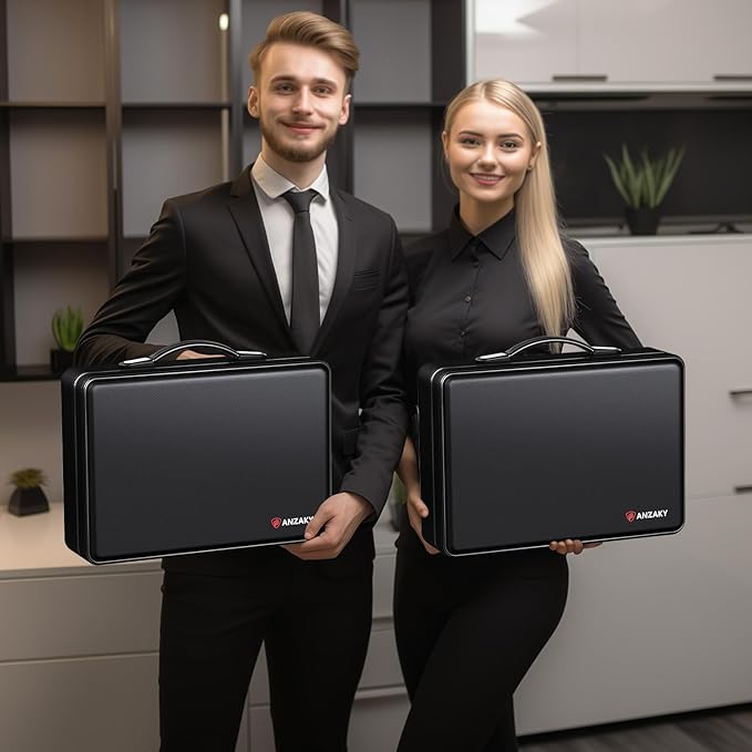 Fireproof Document Box with Fireproof Zipper, Hard Inner Shell Fireproof Document Bag with Lock, Fireproof Water Resistant Important Document Organizer 16 inch Laptop File Briefcase (Black)