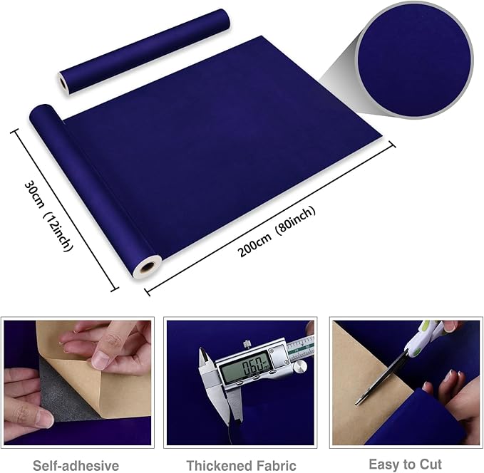 CRE8TIVE Dark Blue Self Adhesive Velvet Drawer Liner for Jewelry Box Colored Velvet Flocking Liner Peel and Stick Wallpaper Fabric Felt Sheets Blue Contact Paper for Bedroom Drawers DIY Crafts 12"x80"