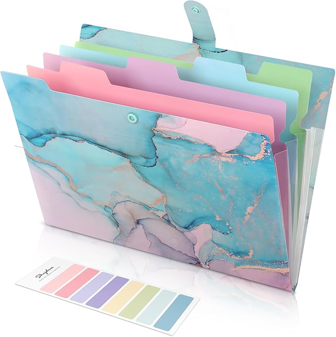 SKYDUE 5 Pockets Expanding File Folder, File Folders, Cute Accordion File Organizer with Labels (1 Pack, Lightblue)