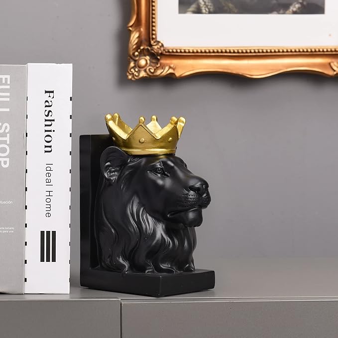 Book Ends Decorative, Lion Bookends for Shelves, Animal Book Stopper Decorative, Modern Book Ends for Heavy Books, Lion Figurines Statues Indoor, Unique Book Lover Gift(Black Lion)