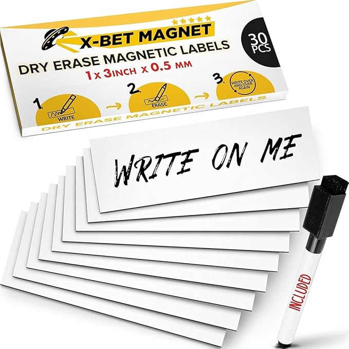 X-bet MAGNET Dry Erase Magnetic Labels 30 pcs 1x3 - Reusable Sticky Notes - Magnetic Notepads for Refrigerator - Dry Erase Magnetic Sheets - Blank Magnet Stickers - Used for Whiteboard, Classroom