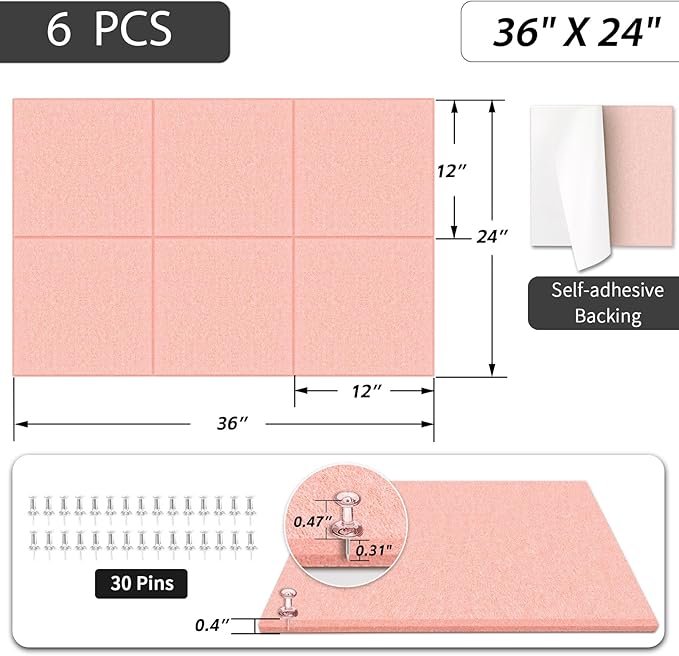 BXI Felt Bulletin Board - 36 X 24 Inches, 6 Pcs Self-Adhesive Decor Cork Boards with 30 Pushpins, Sturdy Acoustic Wall Panels for Office Work, Poster Pin Tiles for Teen Dorm Room Kitchen Classroom