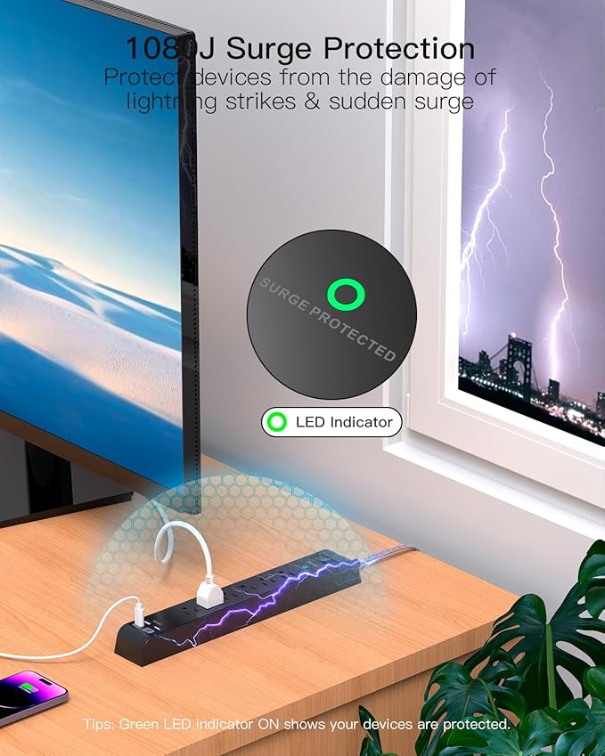 Flat Plug Extension Cord 25FT, Surge Protector Power Strip with 2 USB A Ports 2 USB-C 6 AC Outlets, USB Charging Station, Wall Mountable for Home, Office, Dorm Essentials, 1080J, ETL Listed, Black