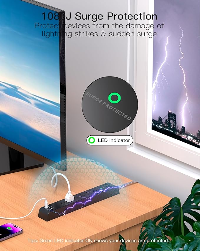 Surge Protector Power Strip 15 ft with 4 USB Ports 2 USB-C 6 AC Outlets, Flat Plug Extension Cord, USB Charging Station, Wall Mountable for Home, Office, Dorm Essentials, 1080J, ETL Listed, Black