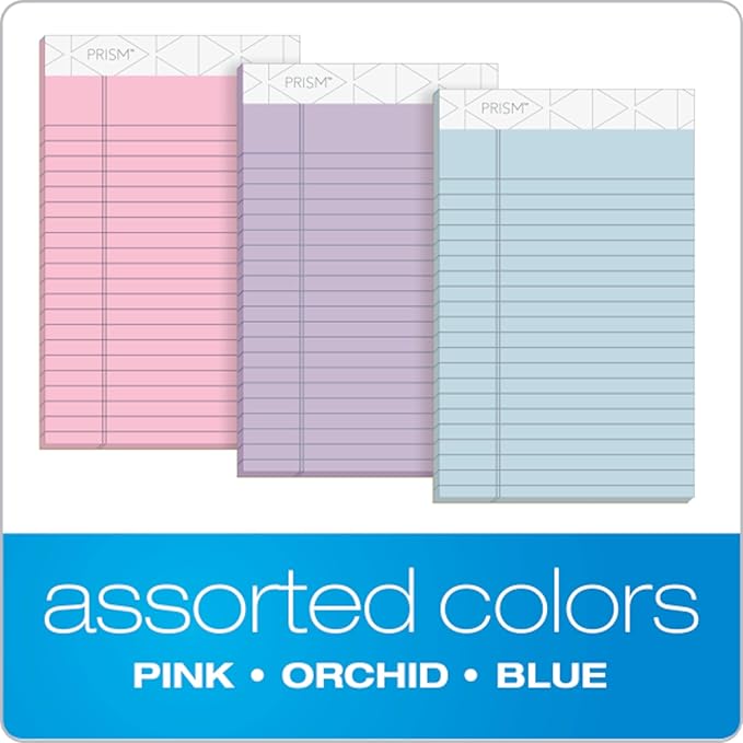 Tops 5 x 8 Legal Pads, Prism Brand, 2 Pink/2 Blue/2 Purple, Narrow Ruled, 50 Sheets Per Writing Pad, Made in USA (63016) (Pack of 72)