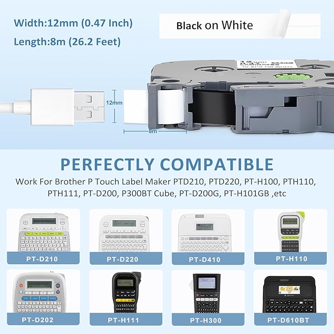 TZe TZ Tape 12mm 0.47 Laminated White Replacement for Brother P Touch TZe-231 TZC-231 P Touch Label Tape Refill Work for Brother P-Touch Label Maker PT-D210 PT-D220 PT-H110 PT-D600 PT-D400, 8m 26.2ft