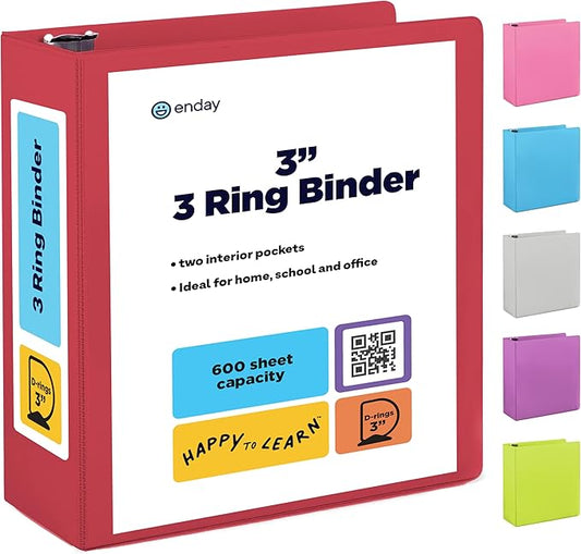 3 Inch Binder 3 Ring Binders Red, Slant D-Ring 3” Clear View Cover with 2 Inside Pockets, Heavy Duty Colored School Supplies Office and Home Binders – by Enday