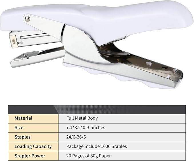 Stapler with 1000 Staples-Plier Stapler Save 60% Power,Good for Stapling at Home School or Warehouse (White)