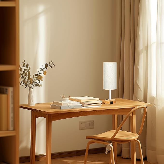 Fenmzee Small Touch Table Lamps Set of 2-3-Way Dimmable, USB A + C Charging, AC Outlet, Wood Grain Base, Bulbs Included