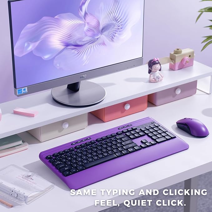 Silent Wireless Keyboard and Mouse Combo - Keyboard with Large Print Cover, 2.4GHz Full-Sized Ergonomic Keyboard with Wrist Rest and Mouse for Laptop, PC, Notebook, Desktop