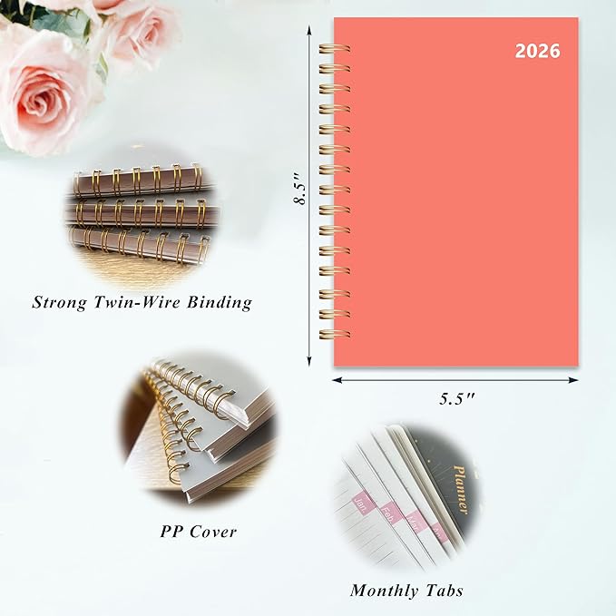 Planner 2026 January to December, 5.5" x 8.5" Daily Weekly and Monthly Calendar Planner for Productivity, Goal Setting & Time Management, Organizer for Work, School & Life - Orange Hard Cover