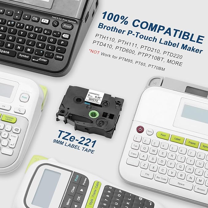 Label KINGDOM TZe-221 TZ Tape 9mm 0.35 Laminated White Replacement for Brother TZe221 9mm Label Tape Black on White 3/8 Inch Compatible with Brother P Touch PT-D210 PT-D220 PT-H110 PT-D400, 4-Pack