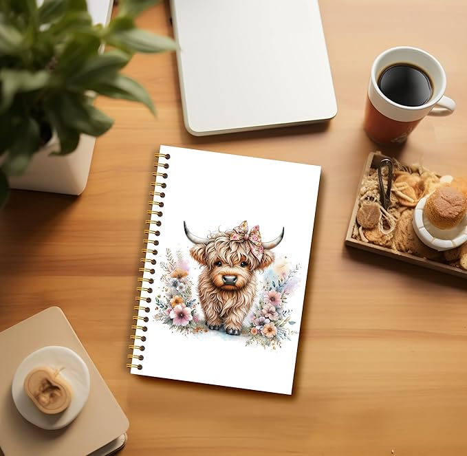 Floral Highland Cow Notebook - Western Notebook, Cow Notebook, Highland Cow Office Supplies, Highland Cow Gifts, Cute Highland Cow Stuff, Farmhouse Highland Cows Spiral Notebook 5.5x8.3