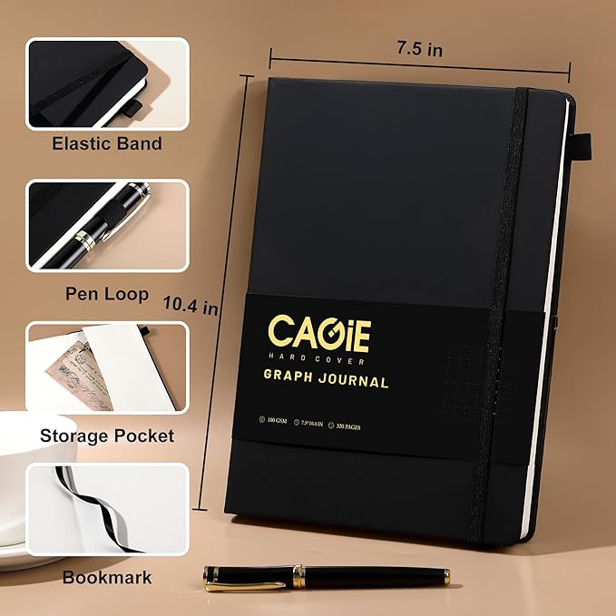 CAGIE Graph Notebook 320 Pages 100 GSM Paper Graphing Grid Journal B5 Hardcover Leather Quad Ruled Notebooks for Engineering, Math, Work, Black