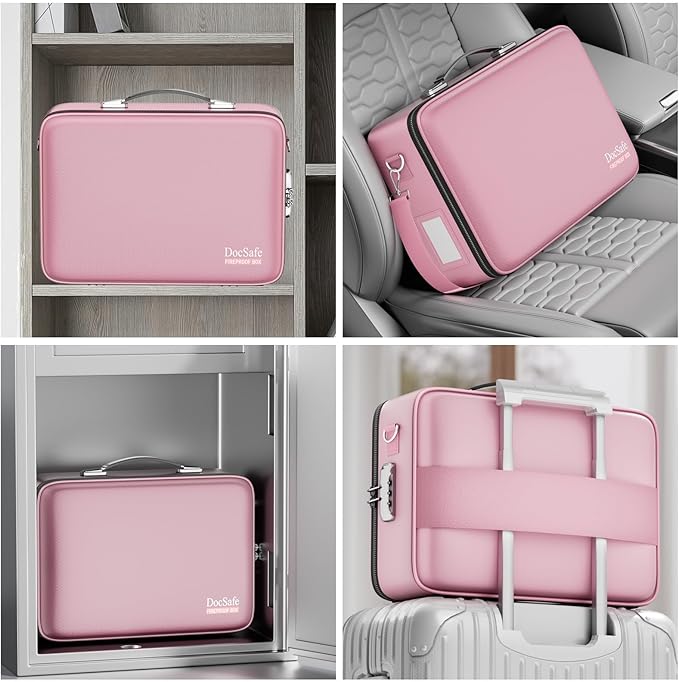 DocSafe Fireproof Document Box with Lock＆Shoulder Strap,Hard Case File Organizer with Accordion File Folder,Multi-Layer Portable Home Office Travel Safe Storage for Important Documents Laptop Pink