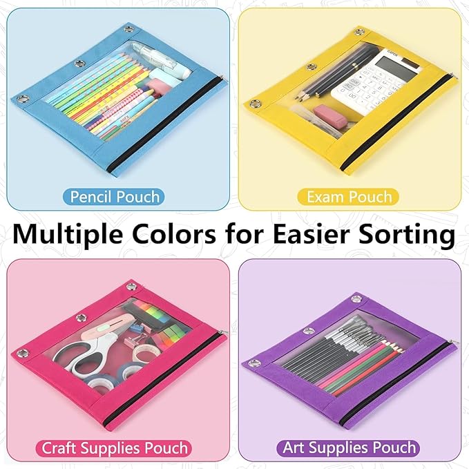 Forvencer 24 Pack Pencil Pouches for 3 Ring Binder, Smooth Zipper 3 Ring Binder Pencil Pouch, Multi-Color Pencil Case for Binder, Clear Top Binder Pencil Pouch, Pencil Bag with 3 Re-enforced Grommets