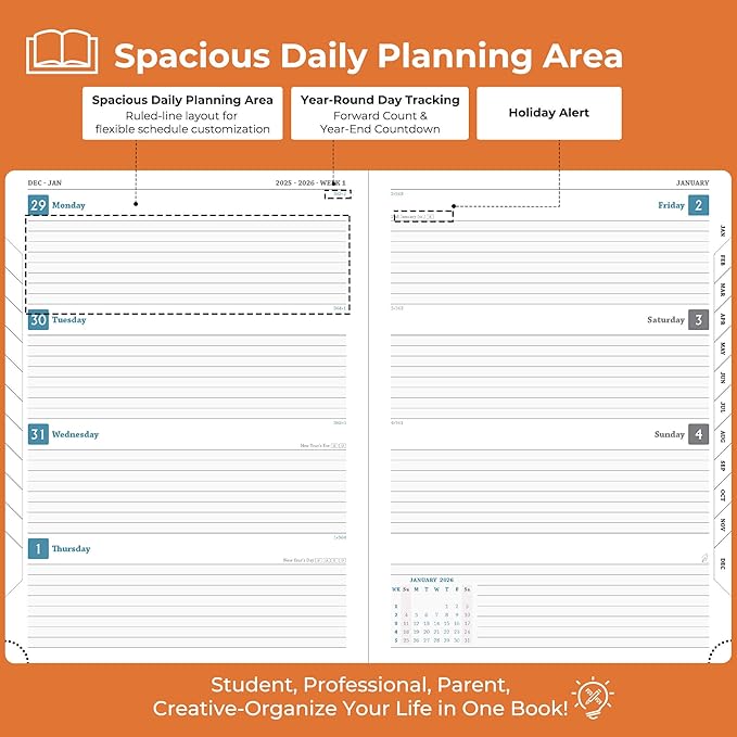 Weekly Monthly 2026 Planner (Jan.26-Dec.26),11.5"x8.5",12 Months Agenda Plan with Month Tabs & Pocket,Expenses/Note Pages, Appointment Book Calendar with Hardcover Vegan Leather Cover,Orange