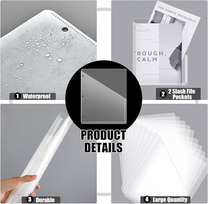 Seajan 24 Pcs Pocket Folders for 3 Ring Binder Clear Plastic Folders Sleeves with 2 Pockets 3 Hole Punch Binder Dividers Poly Slash File Jackets for Office School Document Organizer (White)