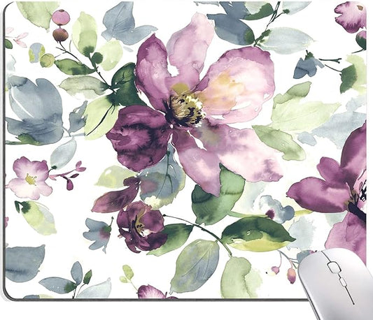 Hokafenle Floral Mouse Pad - Purple Watercolor Flower, Square Waterproof Non-Slip Rubber Base for Office Computer Laptop - Ideal for Girls and Women