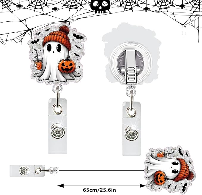 Cute Little Ghost Halloween Badge Reel Pumpkin Badge Reel Retractable with Clip Gifts for Nurse Doctor Teacher Colleague Acrylic Badge Holder with Metal Alligator Clip Design Cute Spooky Badges Holder