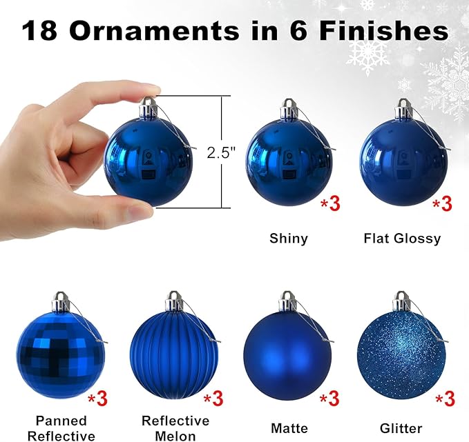 Royal Blue 2.5" Christmas Balls Christmas Tree Decoration Ornaments Shatterproof Hanging Balls for Birthday Halloween Holiday Wedding Decorations Set of 18pcs